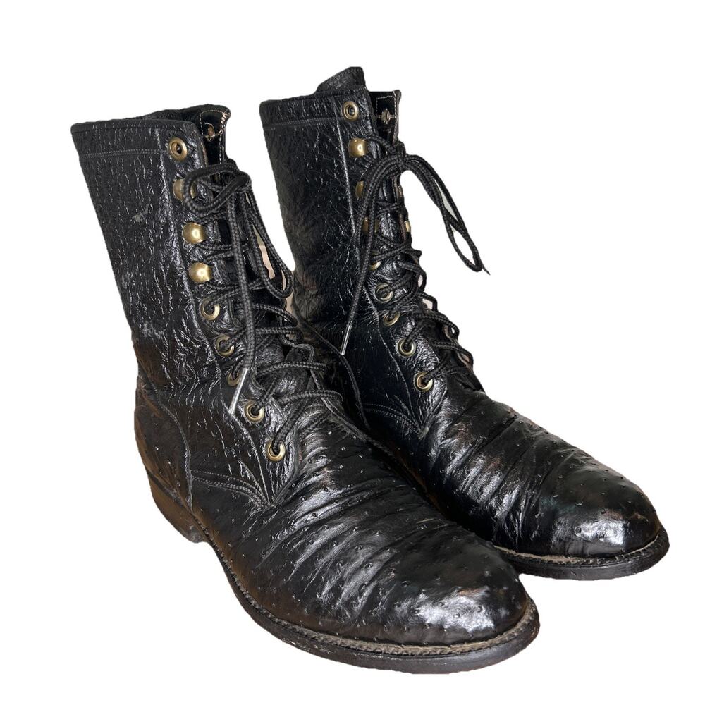VTG Lucchese Womens 6.5 Genuine Ostrich Skin Brown Leather Lace Up Women’s Boots